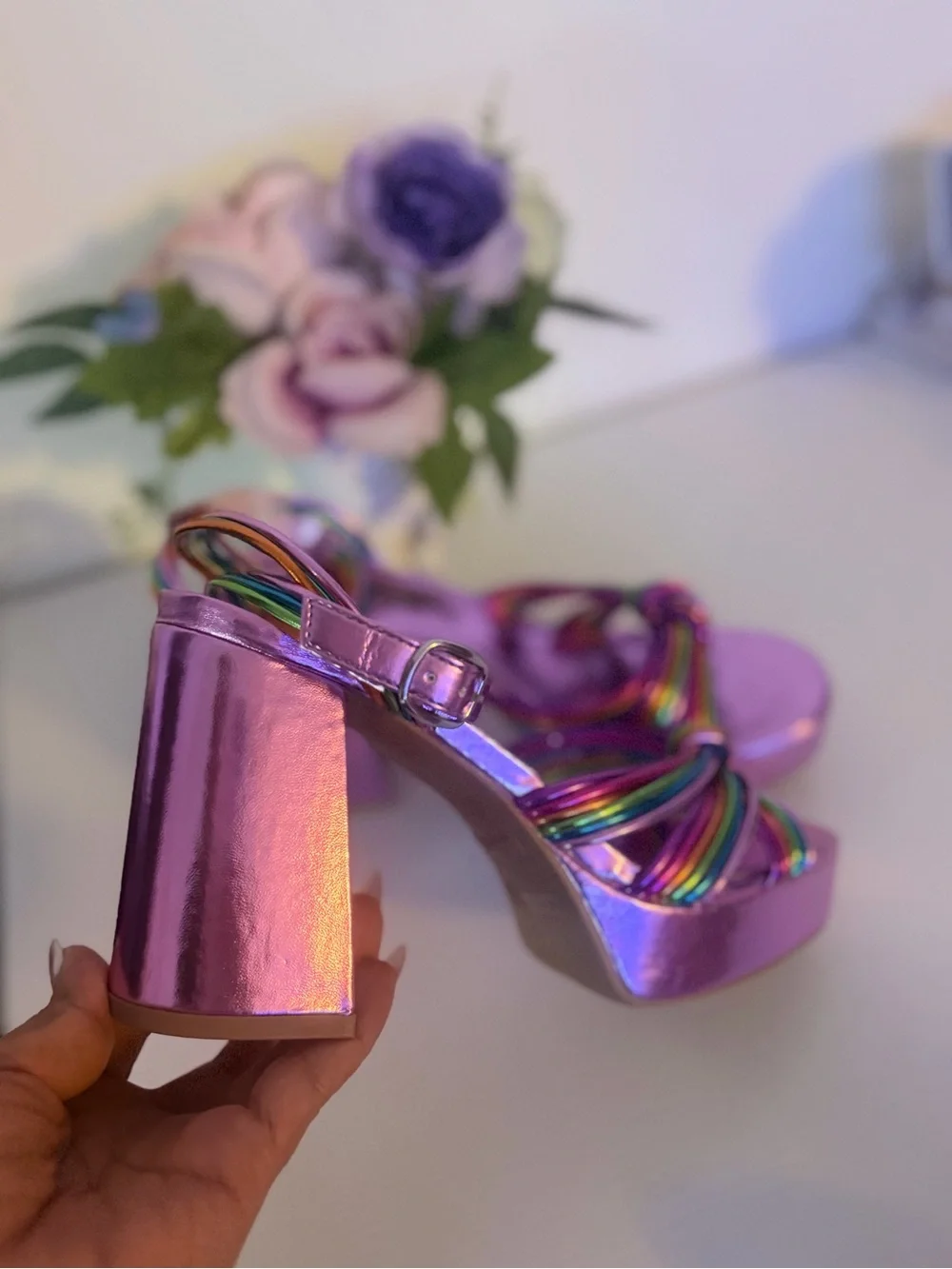 BAMBOO Metallic Pink Platform Sandals with Rainbow Straps